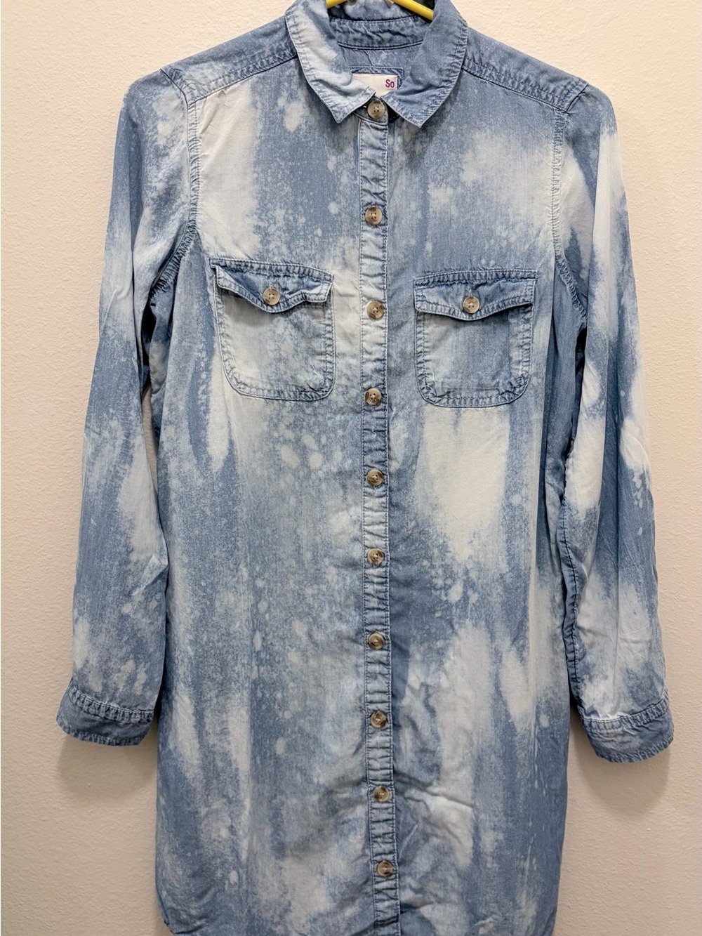SO Light Blue and White Tie-Dye Denim Button-Down Shirt Dress Sz S Custom Bleach